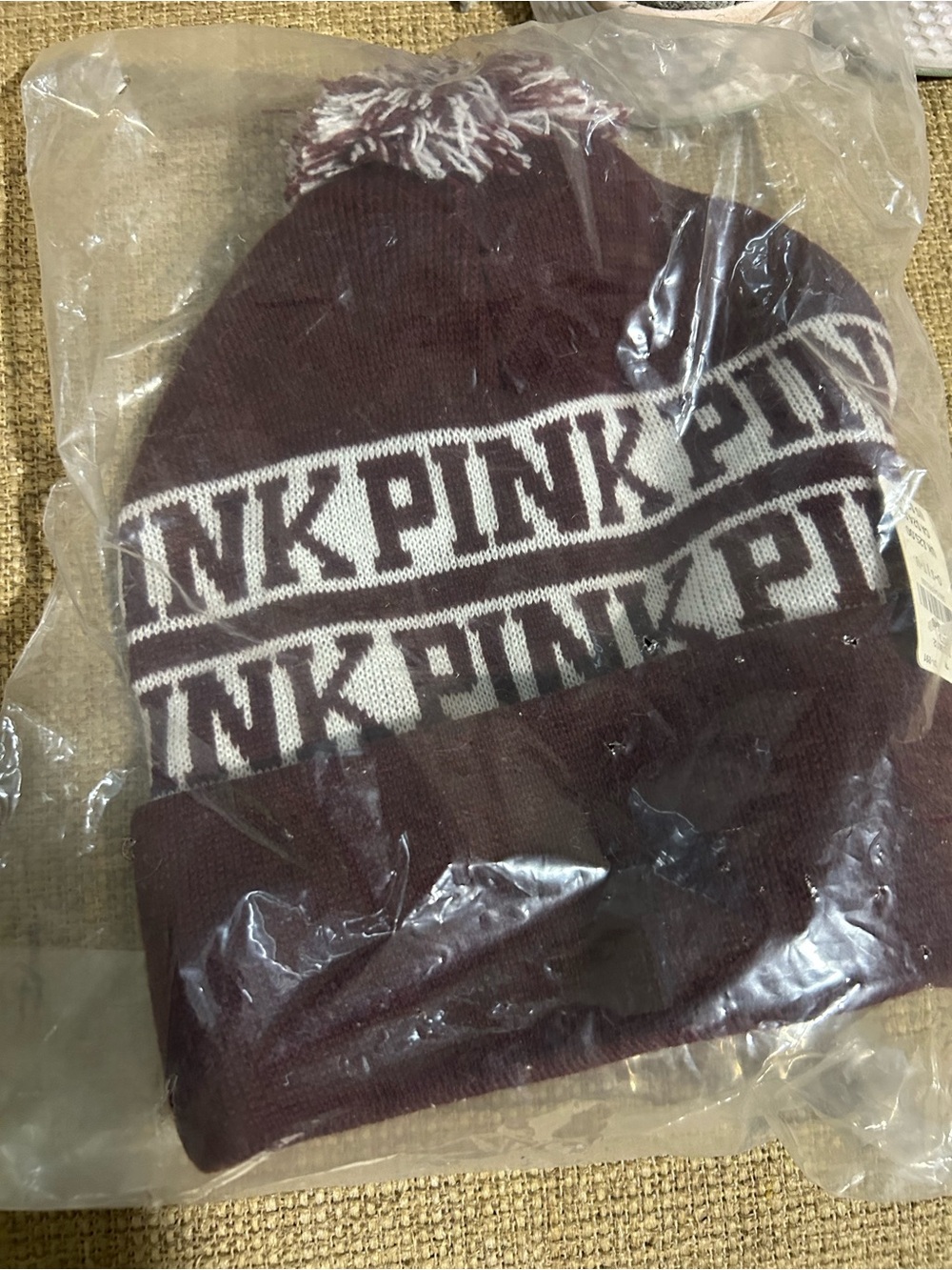 PINK Victoria's Secret Maroon and Cream Knit Pom Beanie